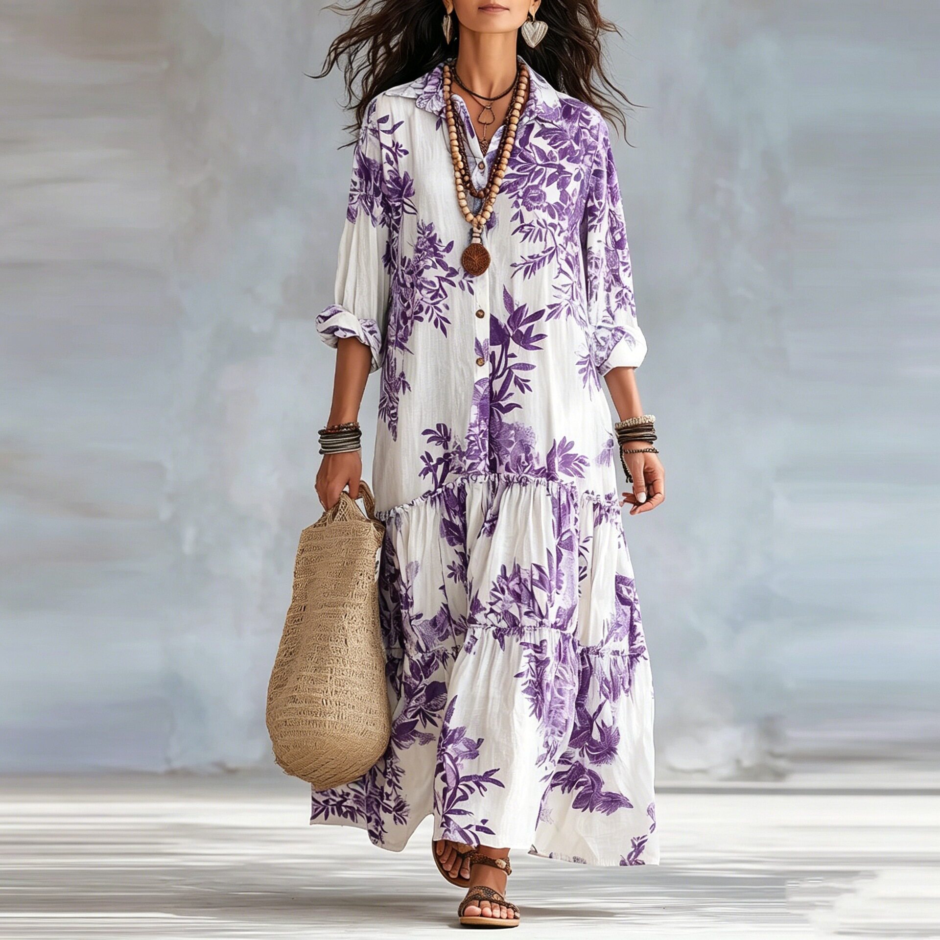 Robe chemise élégante pour femme, imprimé floral, col rabattu, simple boutonnage, à volants étagés, style bohème décontracté, vêtement d'été