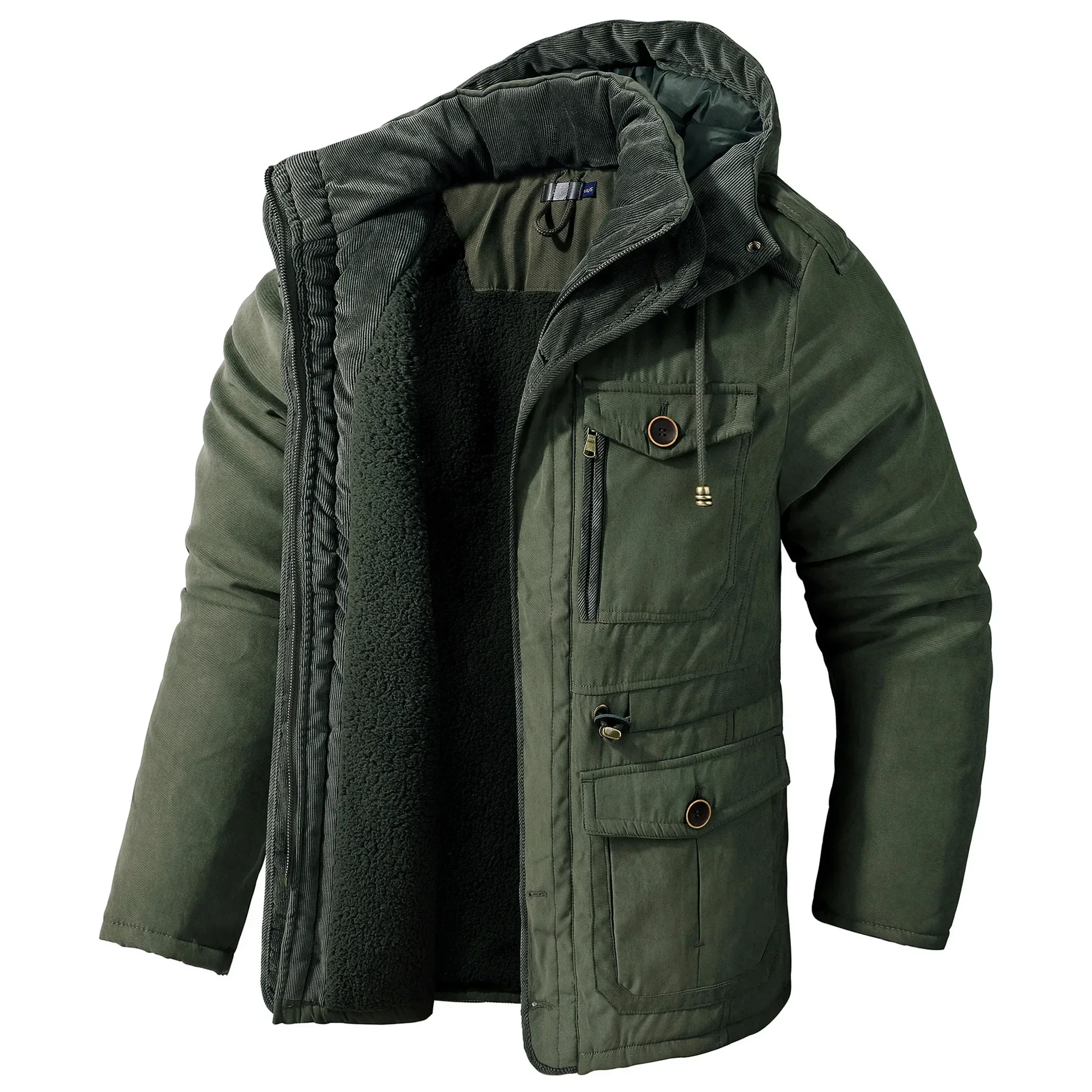 Veste pour hommes manteaux d'hiver taille américaine grande taille vestes en polaire d'agneau à capuche coton épaissi Multi poche décontracté manteau mi-long
