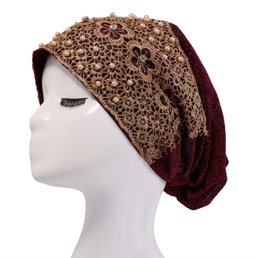 Turban élégant brodé pour femme, bonnet en dentelle à motif floral, foulard musulman, chapeau islamique pour femme