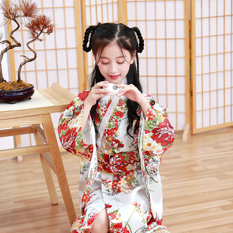 Kimono japonais en Satin pour filles, nouveauté de luxe, Robe Yukata imprimée avec Obi, Costume de spectacle pour enfants, vêtements traditionnels asiatiques