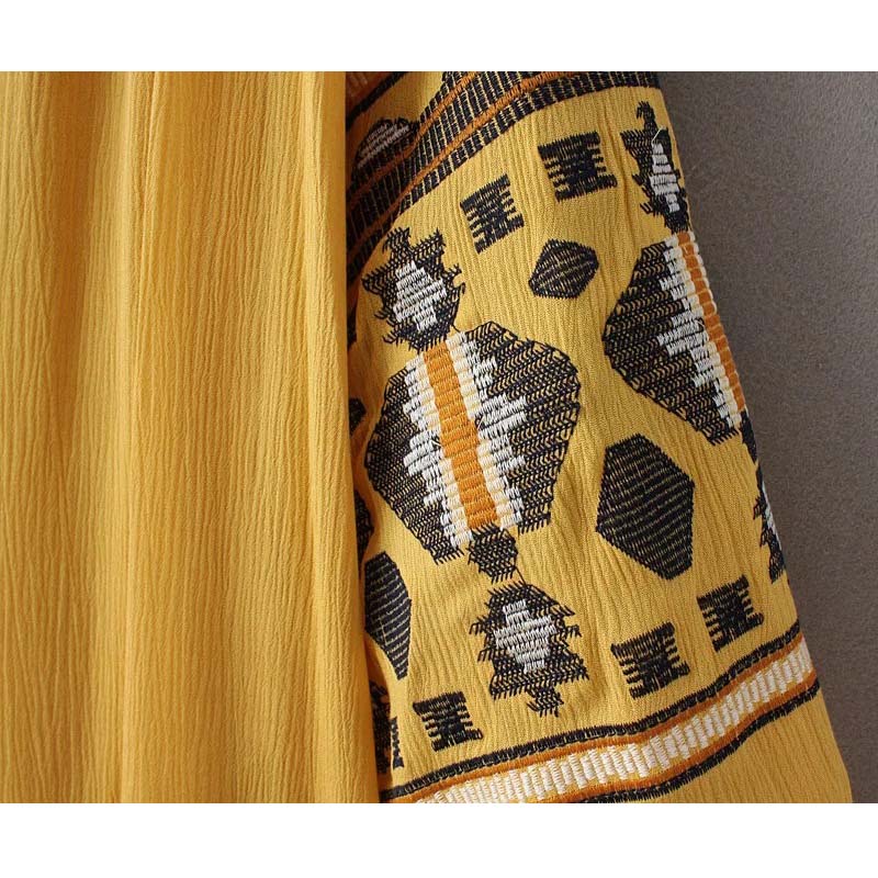 Robe Boho en coton pour femmes, broderie florale, col rond, pompon, lanterne, manches longues, chemise Vintage, décontractée, vacances