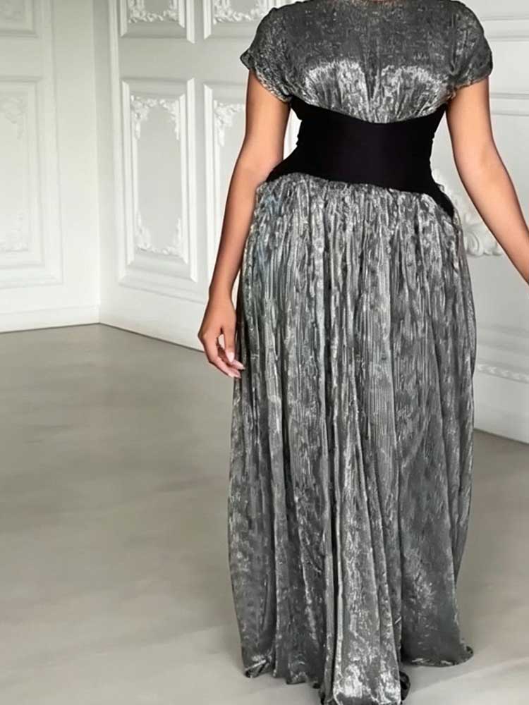 Robes noires pour femmes, robe de soirée élégante à manches courtes pour femmes rondes, robe longue plissée vintage chic