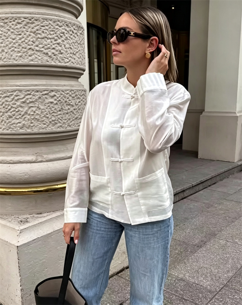 Chemise en satin pour femme 2026, col montant avec boutons grenouillère, manches longues, chemise décontractée avec poches