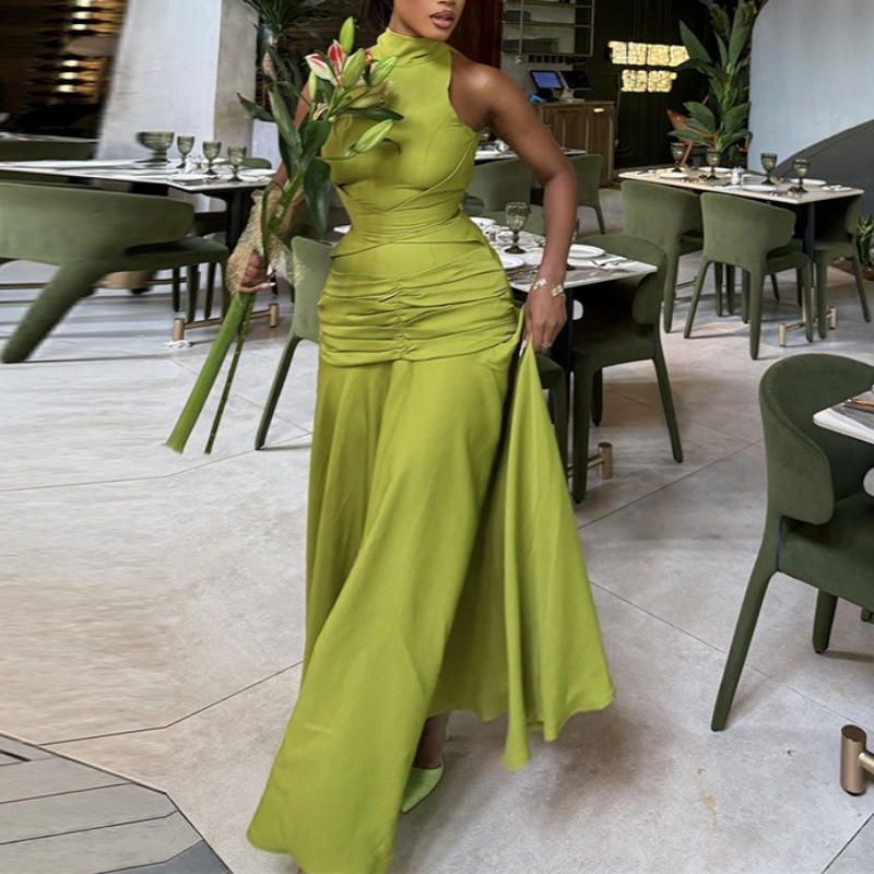 Robe Maxi Chic à col roulé pour femmes, sans manches, taille drapée, moulante, mode soirée, soirée, Clubwear