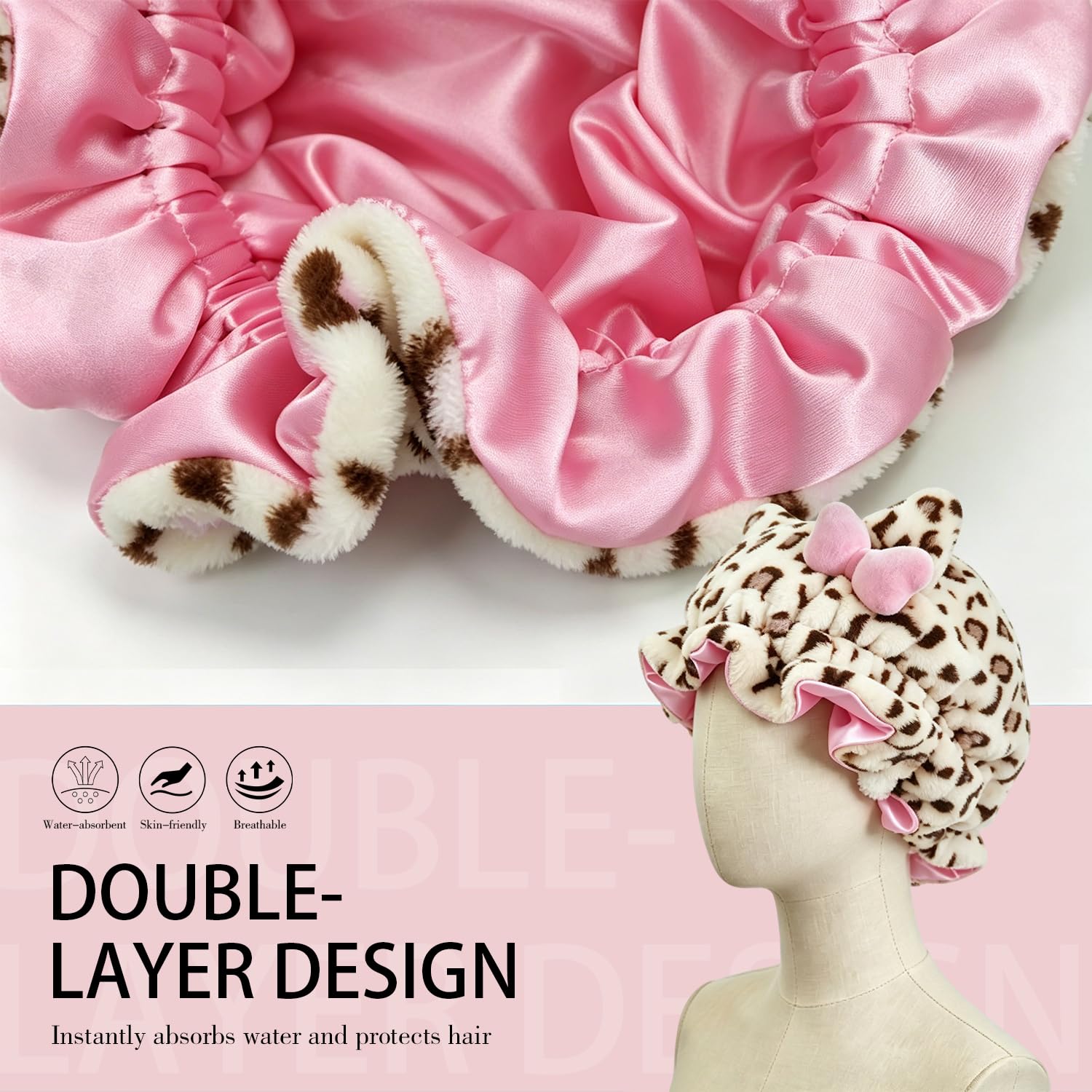 Bonnet de nuit en peluche imprimé léopard avec grand nœud, doublure en satin, doux et moelleux, ajustable avec oreilles d'ours