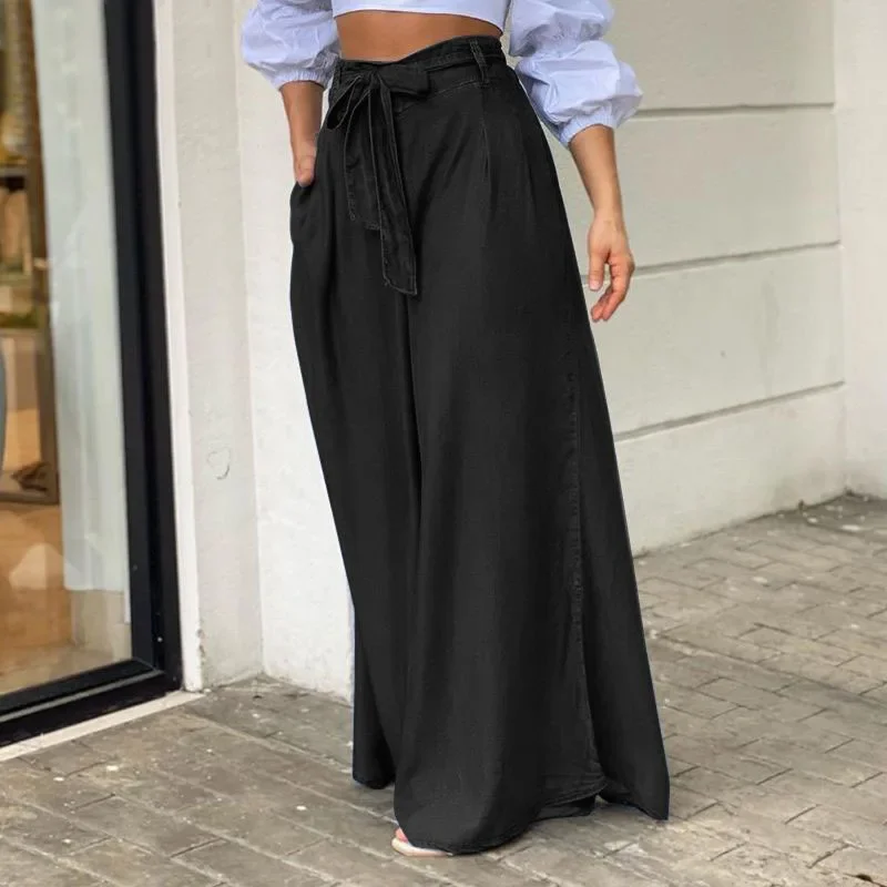 Pantalon long en jean pour femme, coupe ample, taille haute, couleur unie