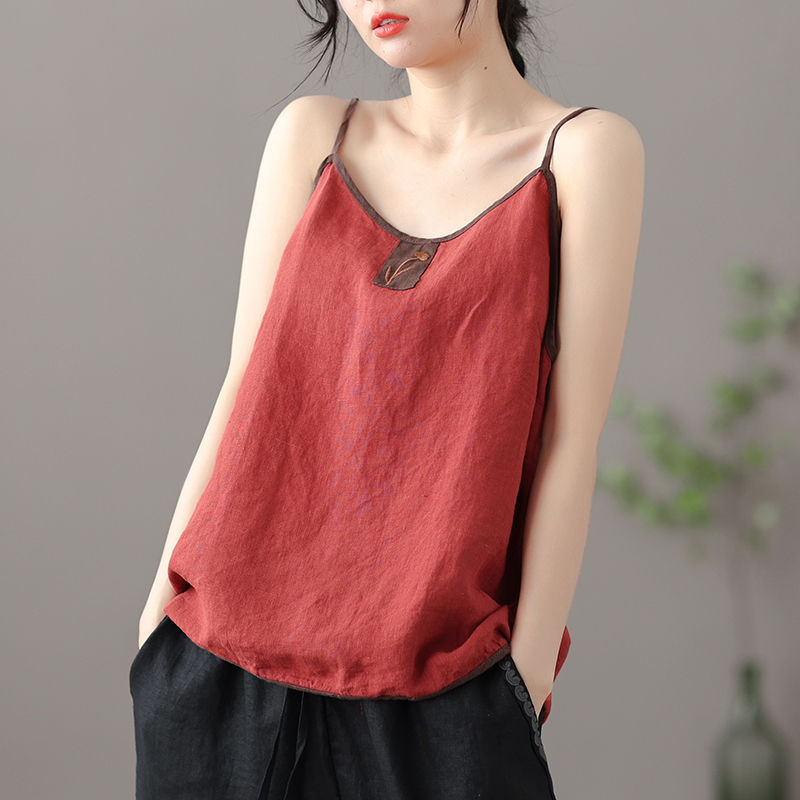 Débardeur en coton et lin pour femmes, camisole vintage chic Harajuku, sacoche brodée