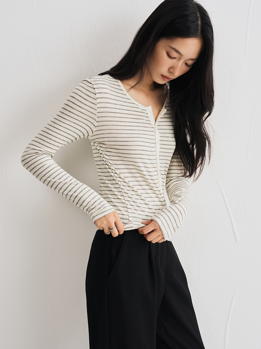 T-shirt basique à manches longues en laine de soie pour femmes, hauts à rayures Slim à col rond doux et confortable