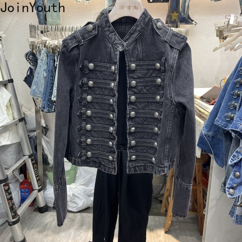 Vestes en jean pour femmes, style vintage, col montant, manches longues, coupe courte, tunique décontractée chic, style Y2K, Ropa Mujer