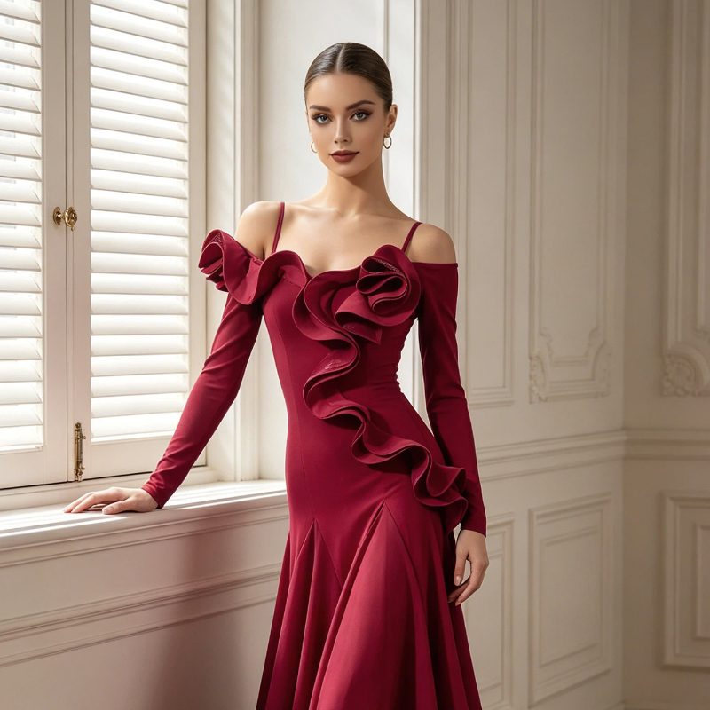Nouvelle Robe de Danse Moderne pour Femme, Col en Dentelle Feuille de Lotus, Manches Longues Amincissantes, Robe Longue Évasée à Baleines pour la Danse Sociale