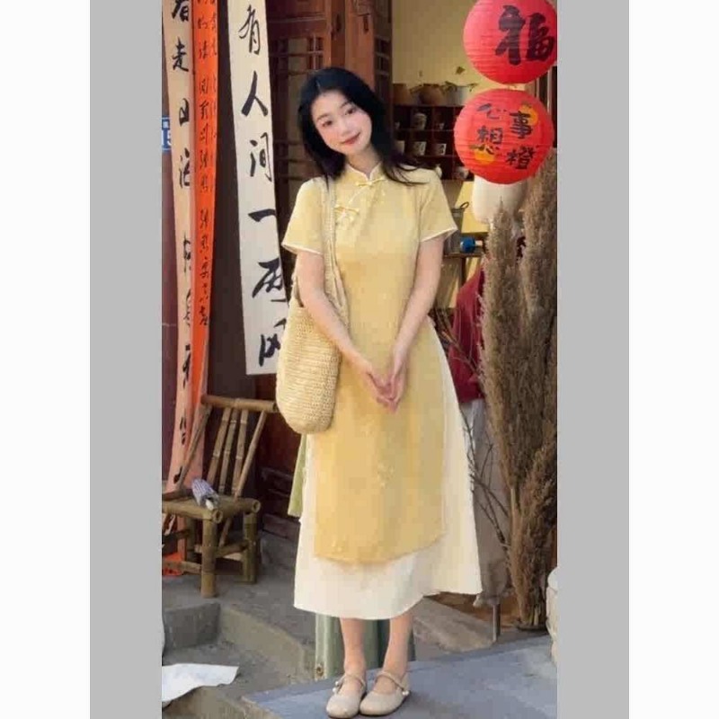Robe pour femmes, style chinois, cheongsam amélioré, manches courtes, robe mi-longue
