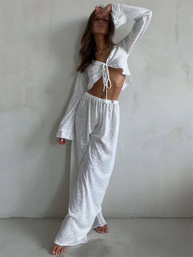 FJFor-Ensemble 2 pièces pour femme, haut à manches longues et col en V, pantalon taille haute à lacets, tenues décontractées pour femme, mode