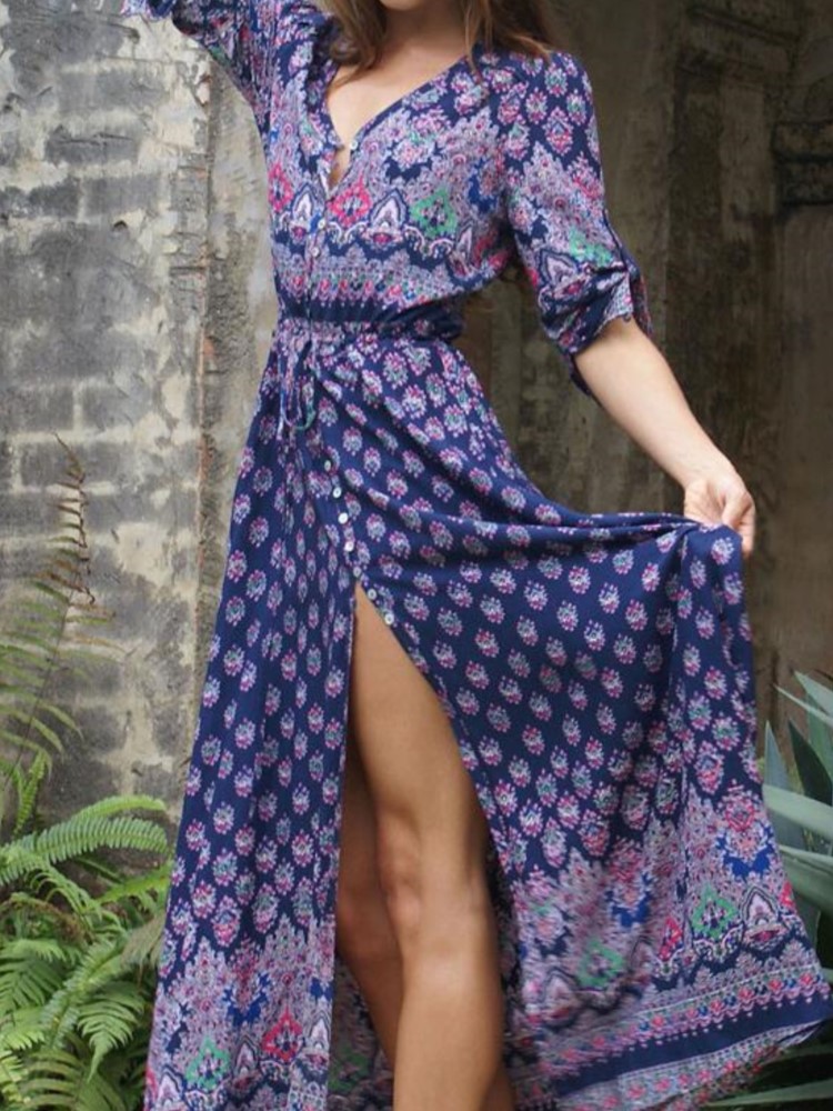 Boho robe imprimée dame mode Vintage col en V trois quarts pull robes pour femmes élégant vacances plage femmes vêtements nouveau