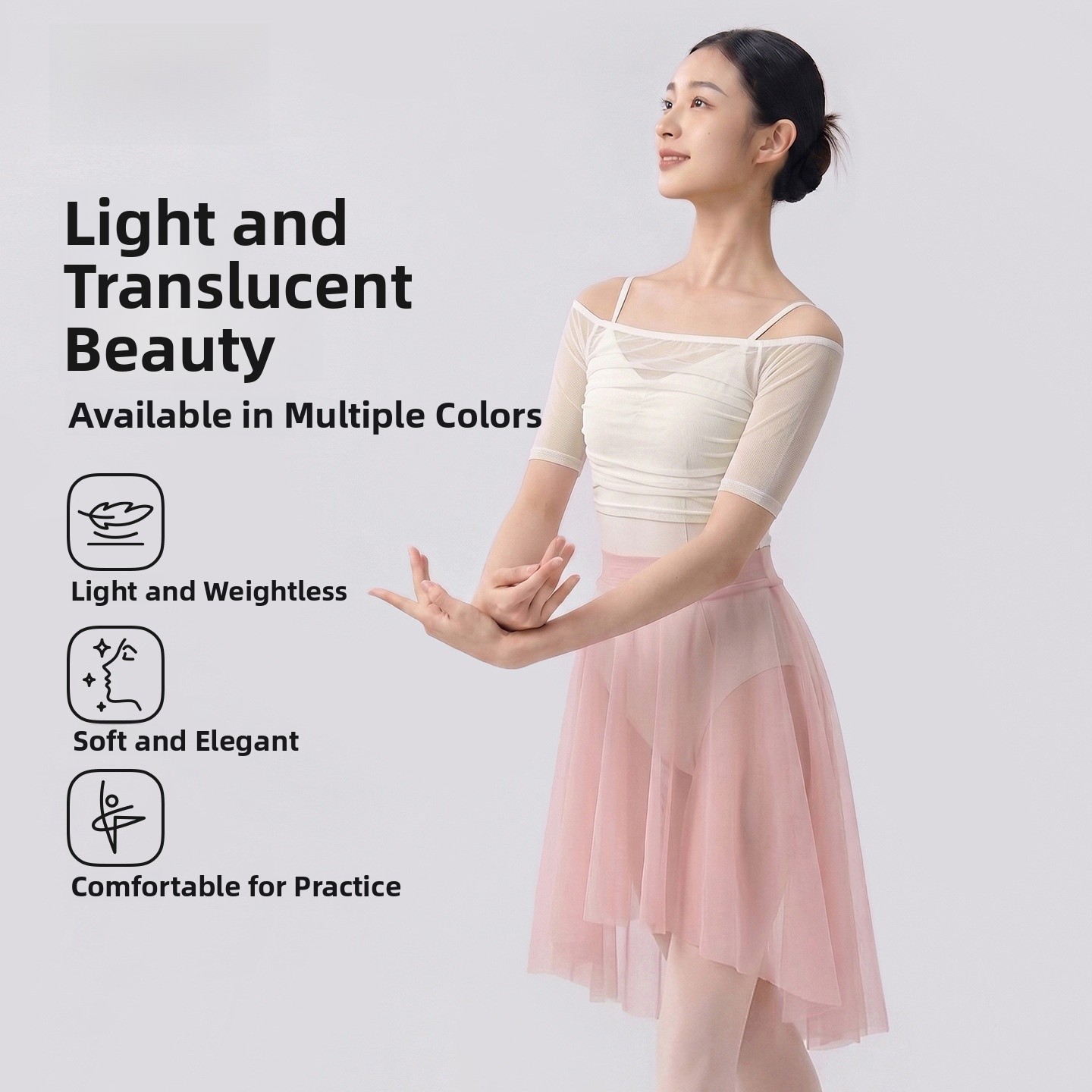 Haut de danse asymétrique en maille style ballet pour femme, élégant, frais et doux, en nylon et élasthanne, sans étiquette, sans repassage