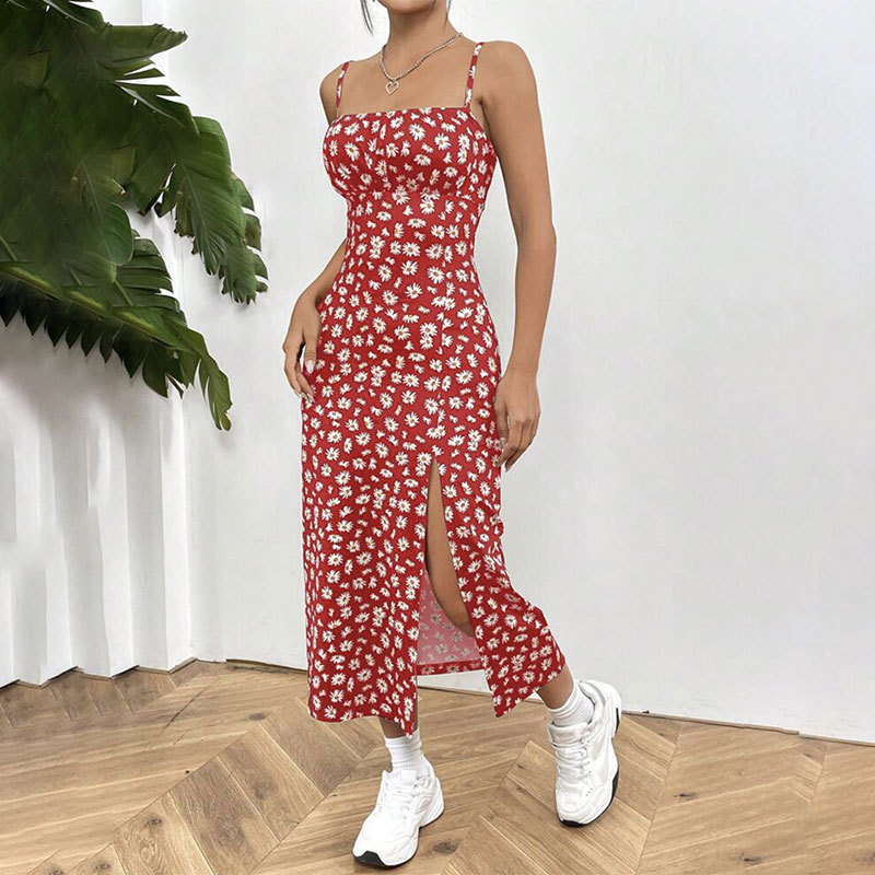 Robe décontractée pour femme, imprimé floral marguerite, bretelles spaghetti, robe midi moulante à col carré, fendue, robe d'été pour plage et soirée