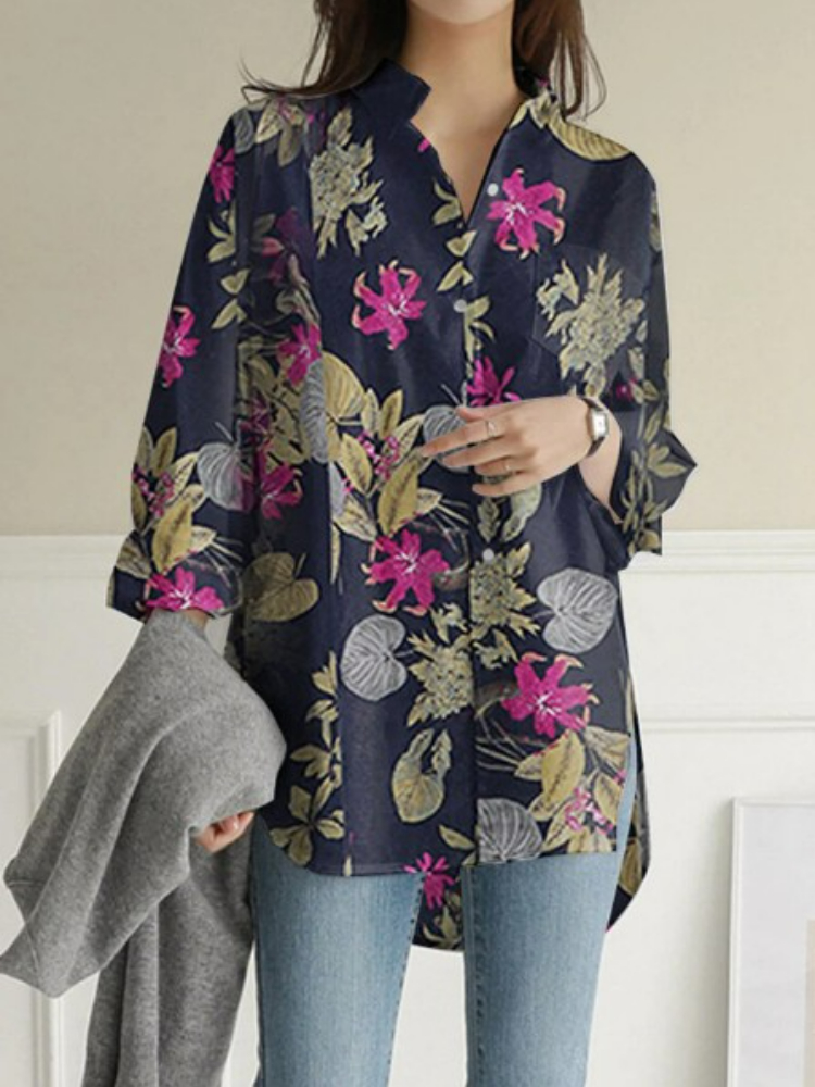 Chemisier à manches longues pour femme, élégant, ample, grande taille, en coton et lin, imprimé, à la mode, 2023