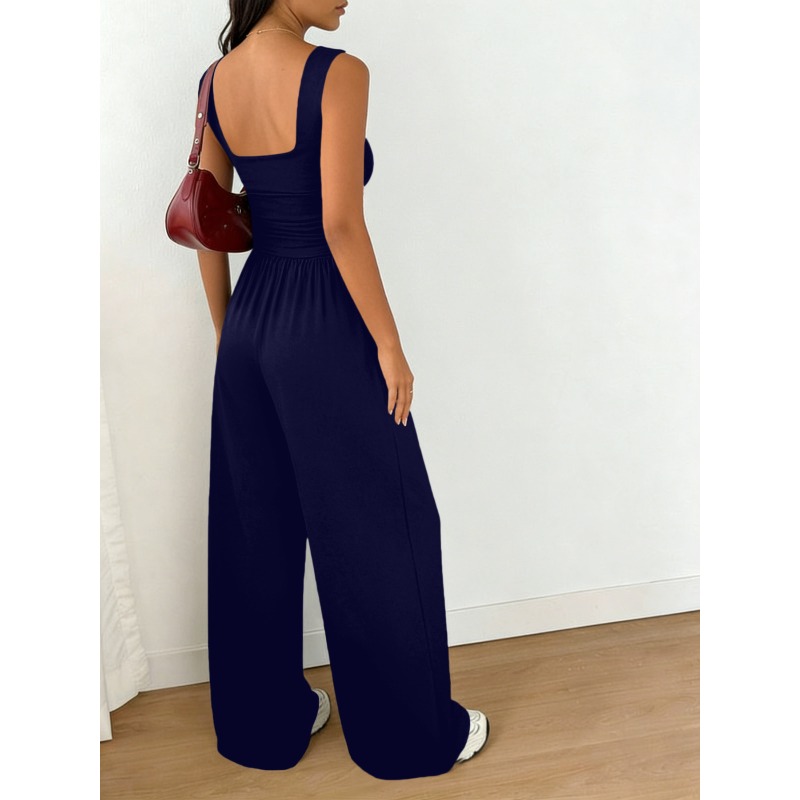 Ensemble deux pièces pour femme : débardeur froncé à col carré et pantalon taille haute à poches larges, couleur unie, style décontracté, streetwear, tenue assortie
