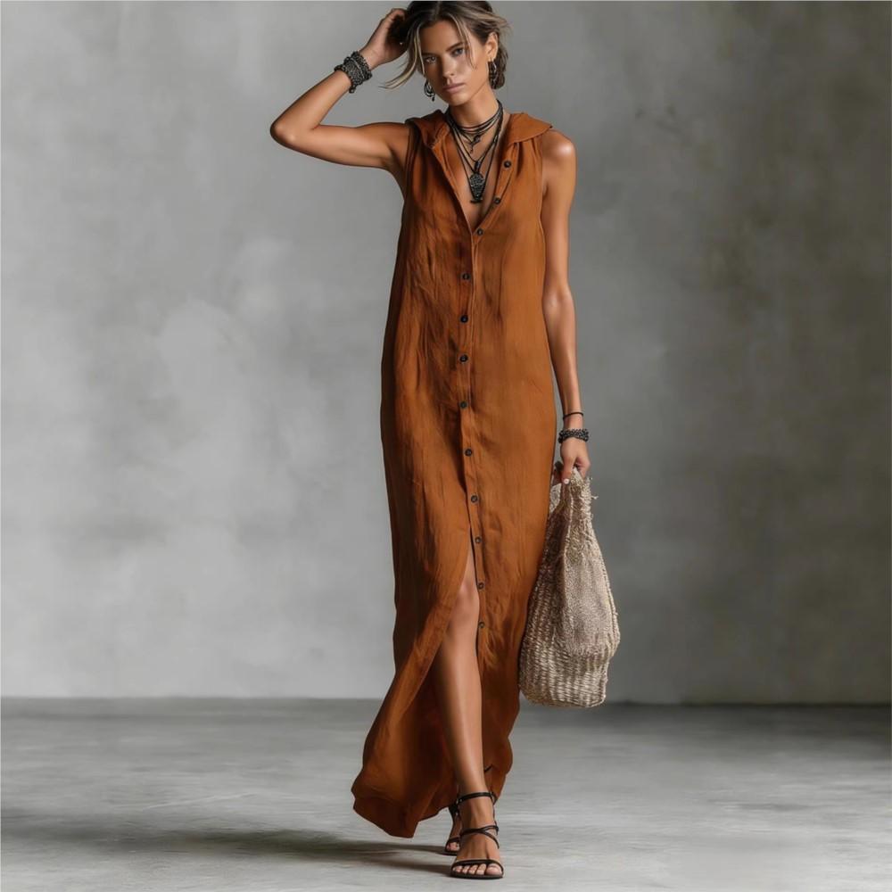 Robe longue décontractée à capuche pour femme, nouvelle mode estivale, élégante, sans manches, ajustée, à bouton unique, collection 2026