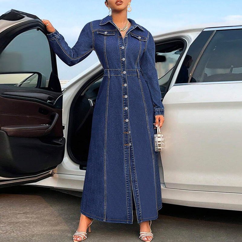 Benuynffy grande taille Vintage lavé Denim robe longue femmes automne 2025 nouveau simple boutonnage à manches longues rue Jean robes