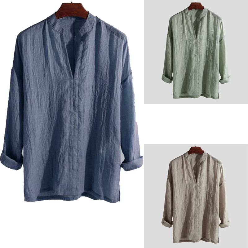 Chemise en coton et lin à manches longues pour hommes, chemises sociales décontractées, chemisiers formels, monochromatique, chemise normale, mode, vêtements pour hommes