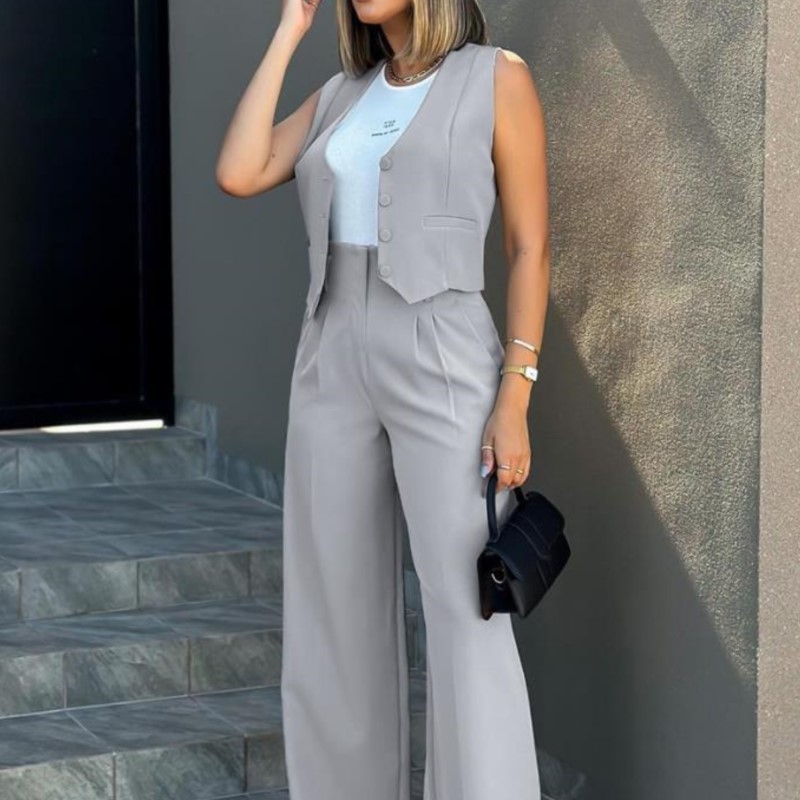 Costume pour femmes, gilet élégant pour dames, ensemble pantalon Baggy, pantalon de travail régulier, gilet sans manches, taille haute, jambes larges, ensembles de 2 pièces
