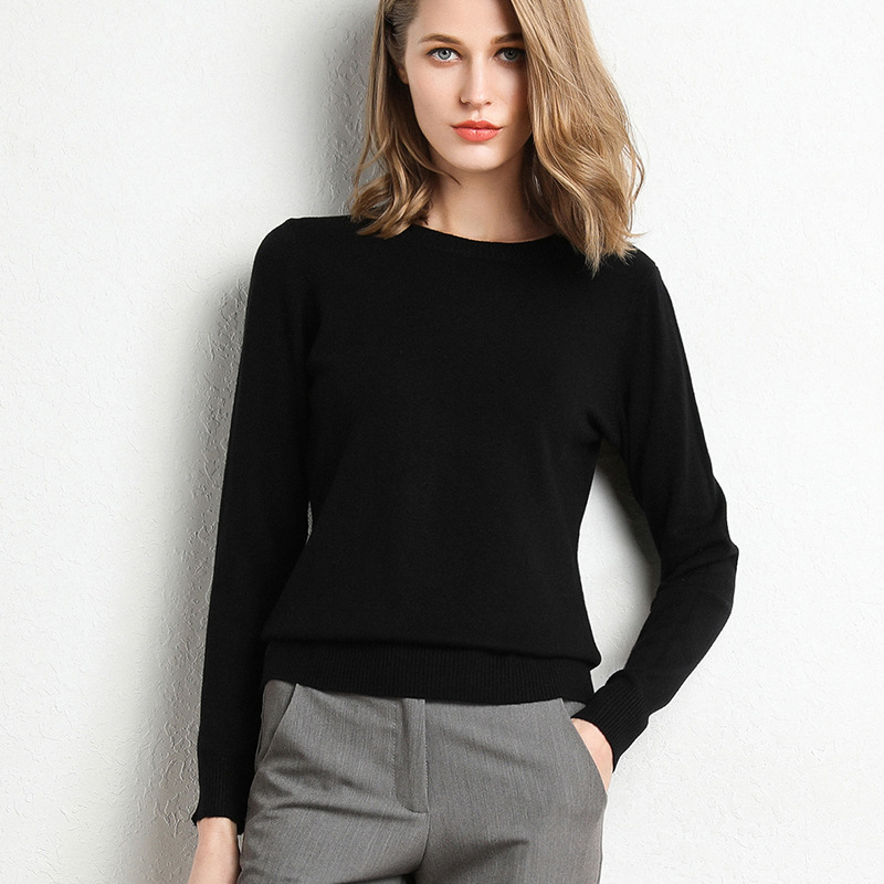 Pull Slim à col rond pour femme, couleur unie, mélange de laine et cachemire, chemise à manches longues en tricot, grande taille, automne et hiver