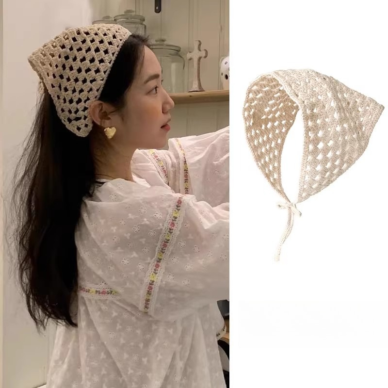 Foulard triangulaire beige pour femme, bandana en crochet, écharpe en maille transparente tricotée, foulard rétro, écharpe polyvalente pour le cou, accessoires pour cheveux
