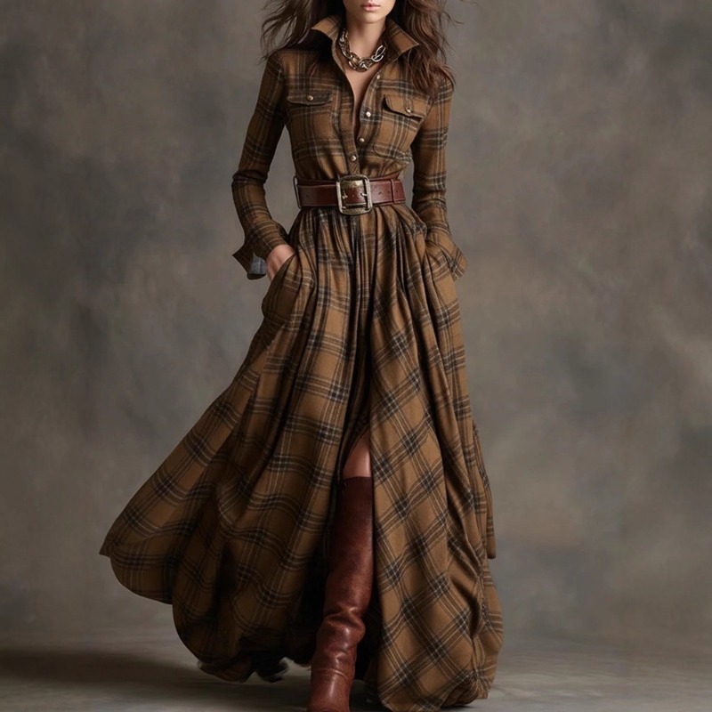 Robe longue à manches longues pour femme, grande taille, style rétro français, à carreaux, coupe irrégulière, nouvelle collection, idéale pour les soirées