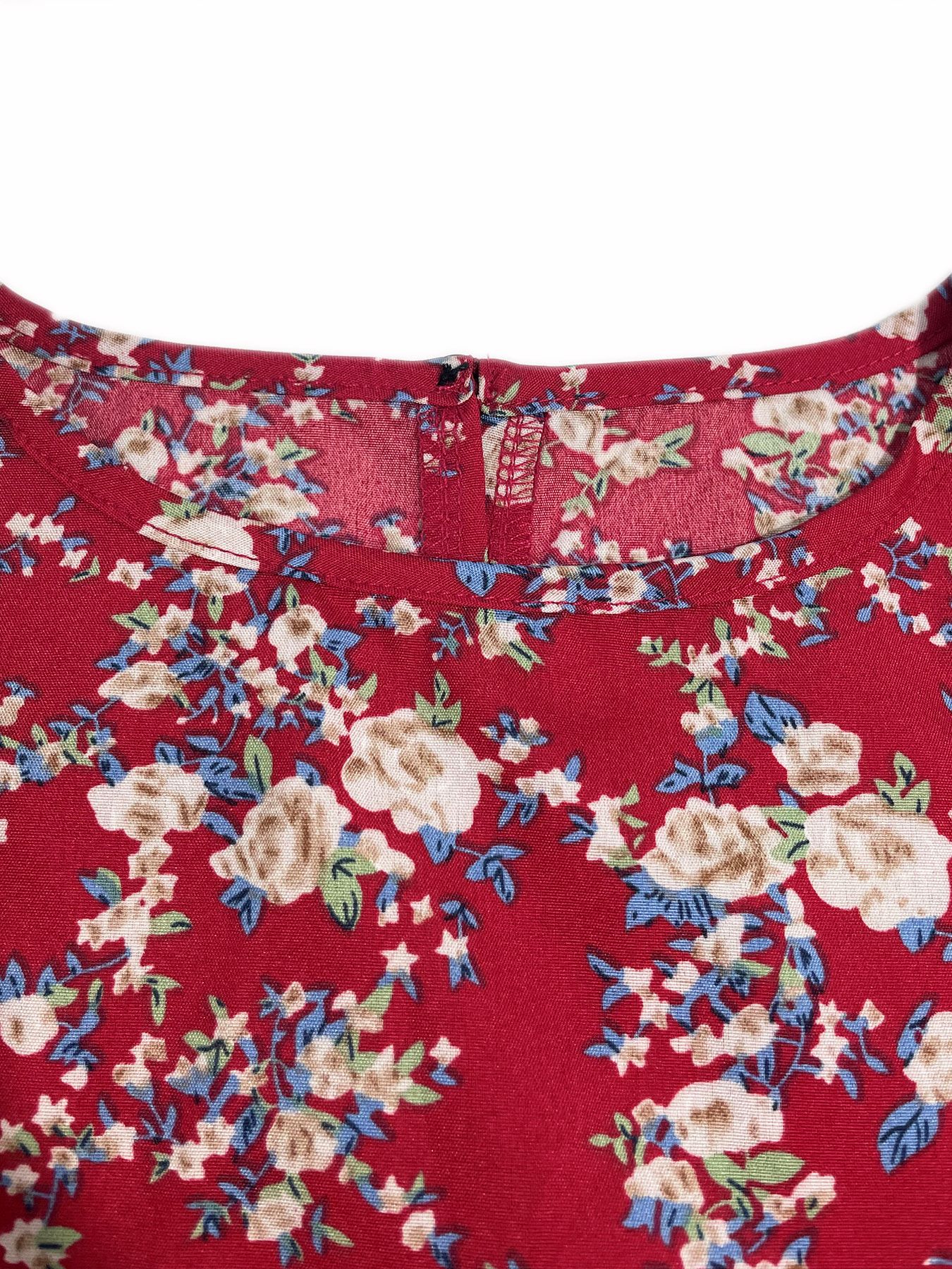 Robe à manches bouffantes à imprimé floral pour femmes, col rond, design à nouer à la taille, style bohème, tissu tissé, portable toute l'année