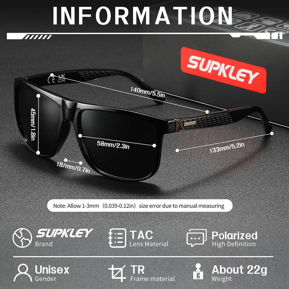 SUPKLEY Lunettes de soleil polarisées simples et décontractées avec monture carrée, résistantes aux UV, pêche, randonnée, cadeau de Noël