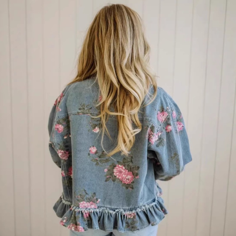 Blouse Chemise Veste Femme Vintage en Denim Délavé Imprimé Floral Coupe Ample Manches Longues Décontractée Tendance Polyvalente Créateur