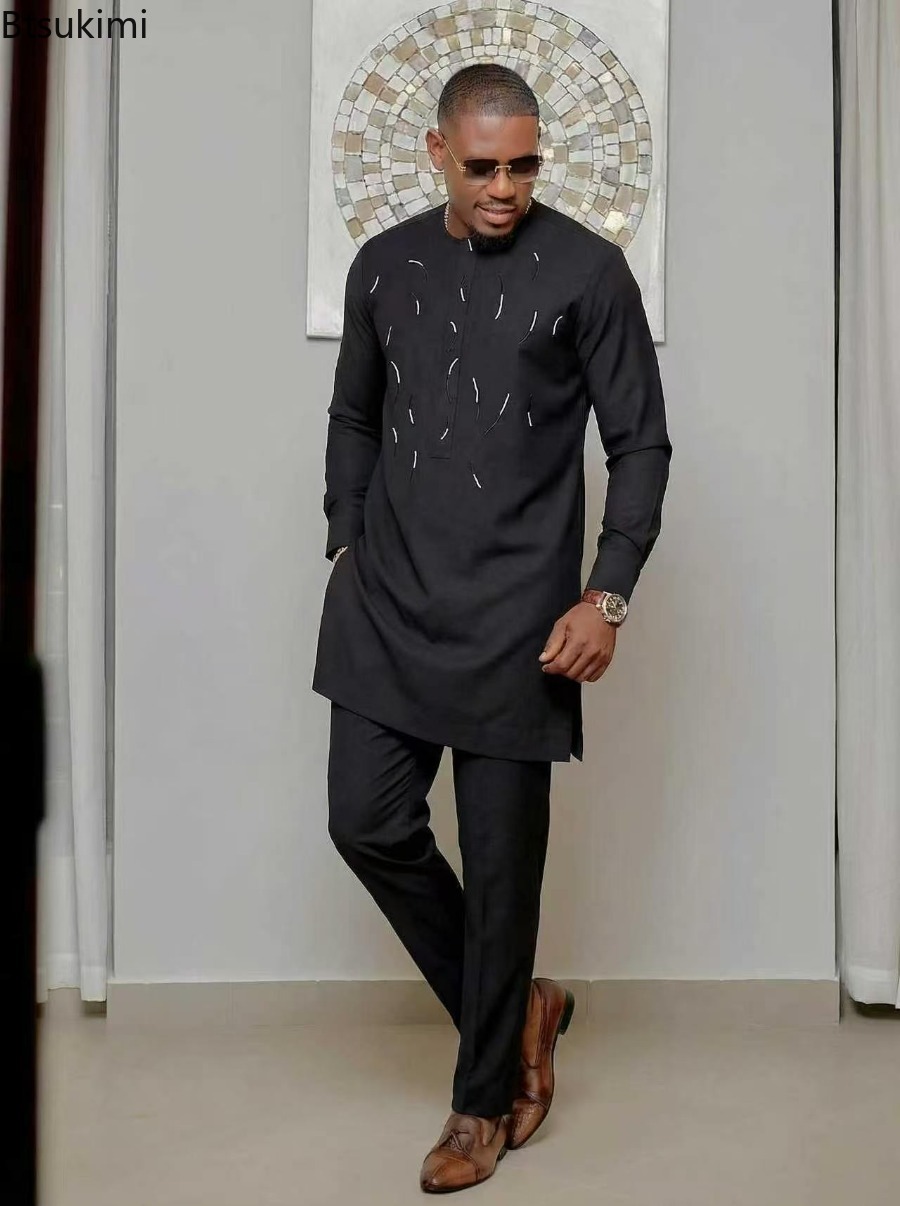 Ensemble deux pièces Kaftan pour homme, tenues de mariage Kaunda, vêtements ethniques africains traditionnels décontractés, vêtements musulmans, haut et pantalon pour homme, nouveauté