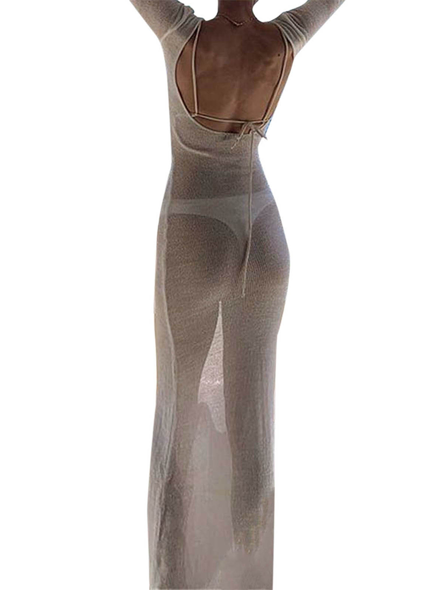 Robe longue de plage pour femme, style mode, à manches longues, col rond, transparente, anti-UV, couleur unie, dos nu, pour l'été