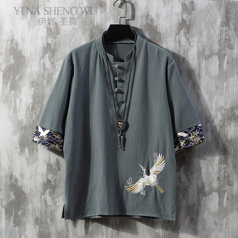 T-shirt en Lin à Manches Courtes pour Homme Style Chinois, Bouton Disque, Tang, Ample, Grande Taille, Kimono Japonais, Été