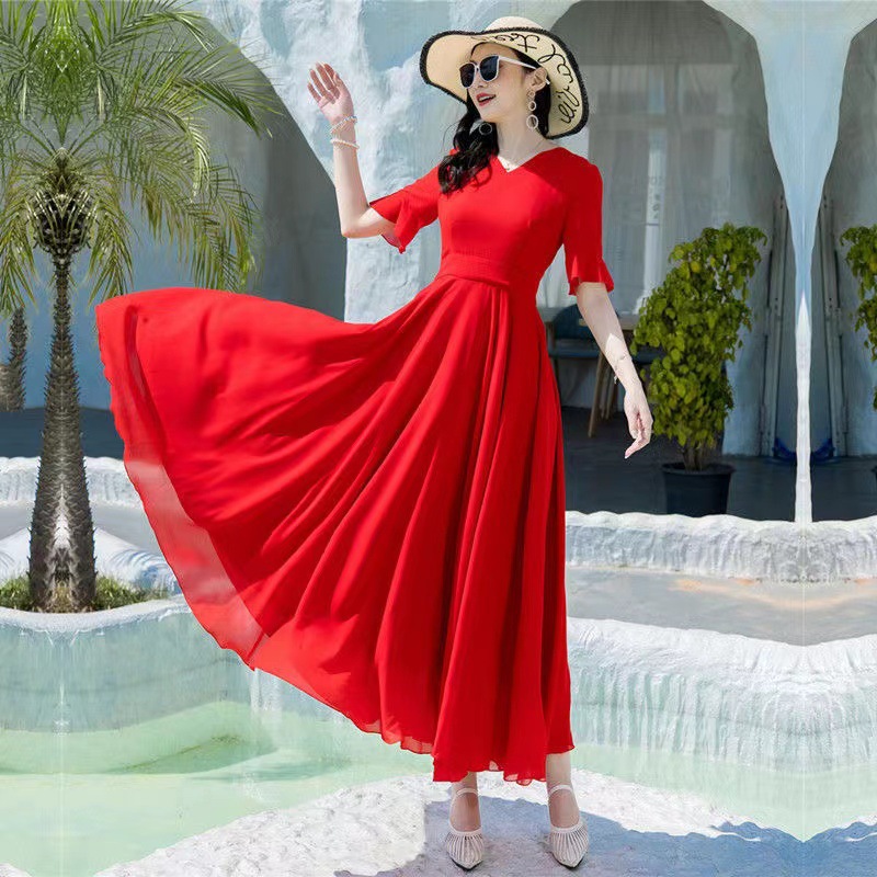 Robe longue d'été en mousseline de soie pour femmes, nouveau tempérament coréen, Slim, Style bohème, plage, grand ourlet, 2026