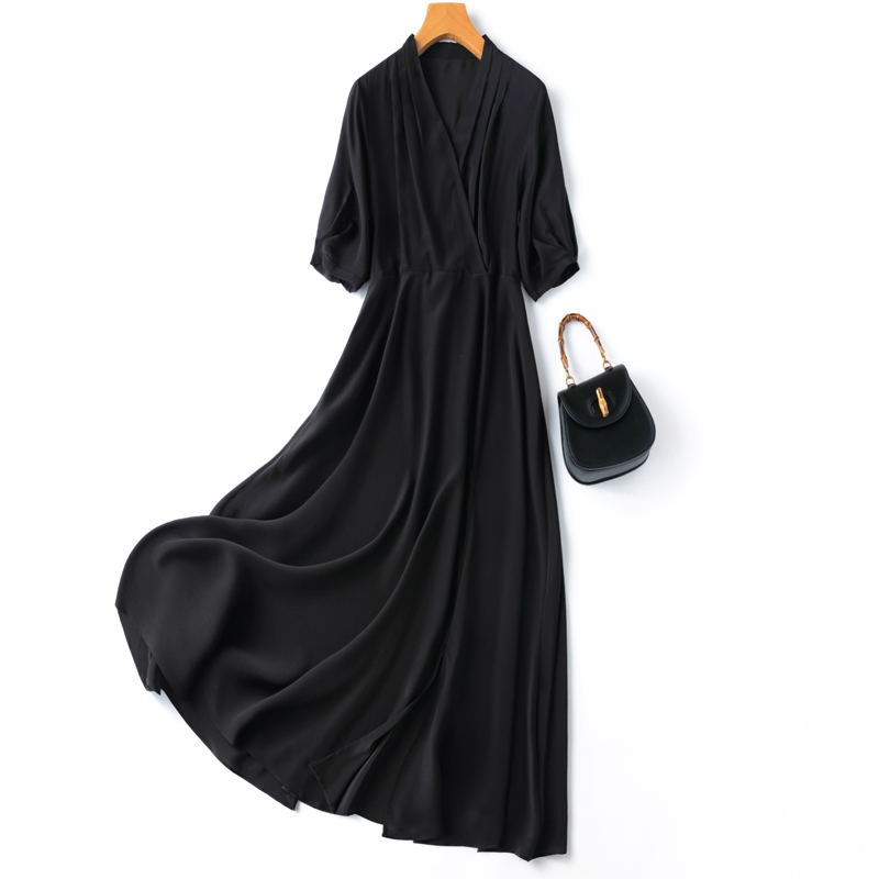 Robe Maxi en soie pour femmes, 100% crêpe de mûrier, couleur unie, noir, col en V, taille ceinturée, robe longue élégante, grand ourlet, M L XL MM891