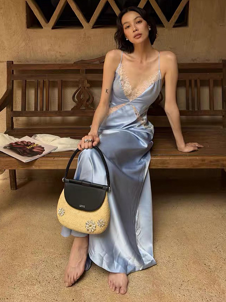 Kliou Soyeux Tache Élégante Sling Robe Femme Dentelle Patchwork Col Bas Dos Nu Sans Manches Minuit Prom Party Taille Haute Robes