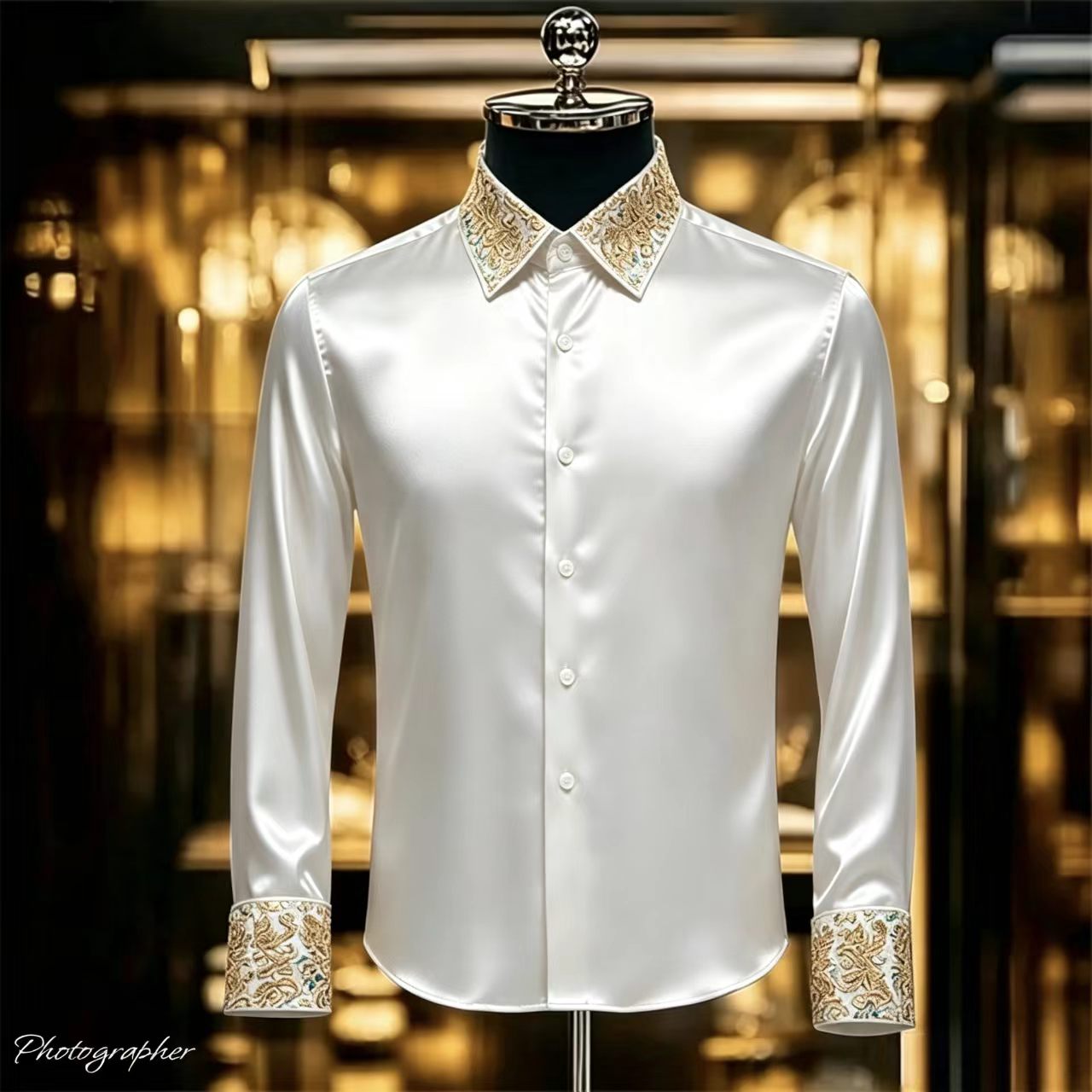 Chemise en satin de luxe pour homme avec col et poignets imprimés en 3D, chemise habillée à manches longues coupe ajustée, chemise en soie formelle pour mariage et soirée