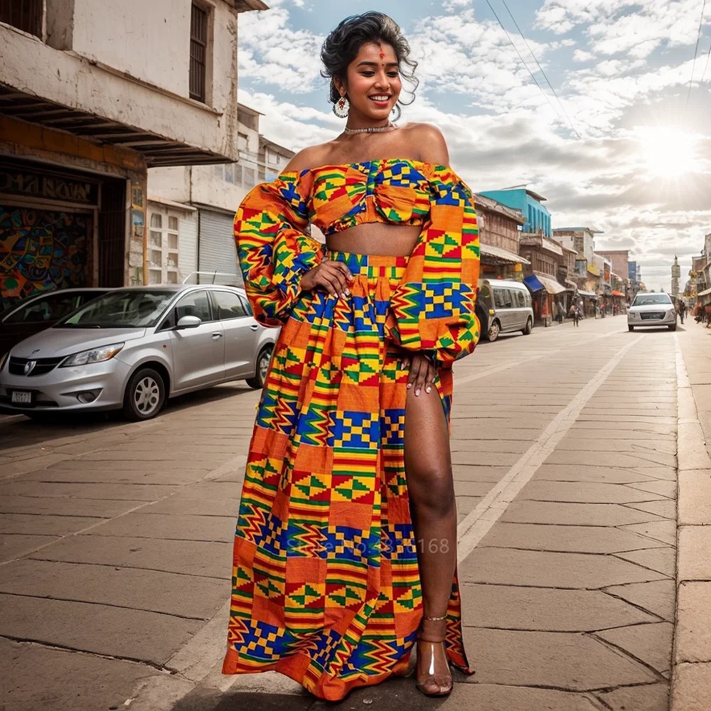 Jupe Maxi à Col Slash et Manches sulfpour Femme, Ensemble Deux Pièces, Mode Nationale Africaine, Sexy, Fente Haute, Vêtements Africains