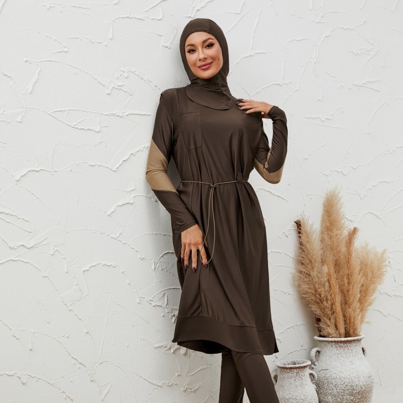 Maillot de bain musulman pour femme, ensemble 3 pièces, robe modeste, pantalon taille haute, hijab, col rond, couvrant entièrement le corps