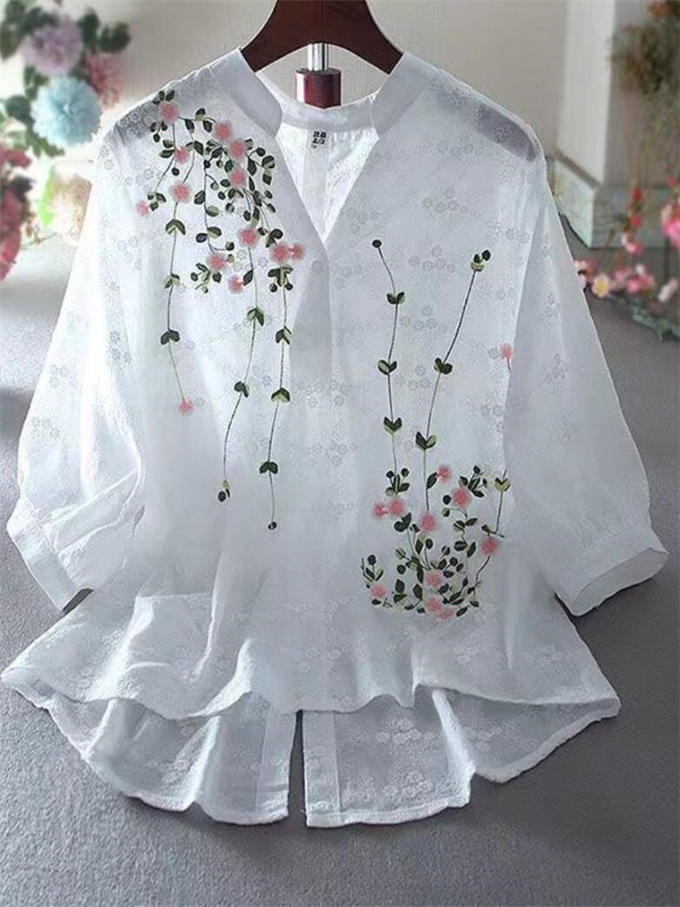 Chemises littéraires en coton pour femmes broderie fleurs femme Blouses col en v demi manches dentelle Blouses été mince haut femme chemise