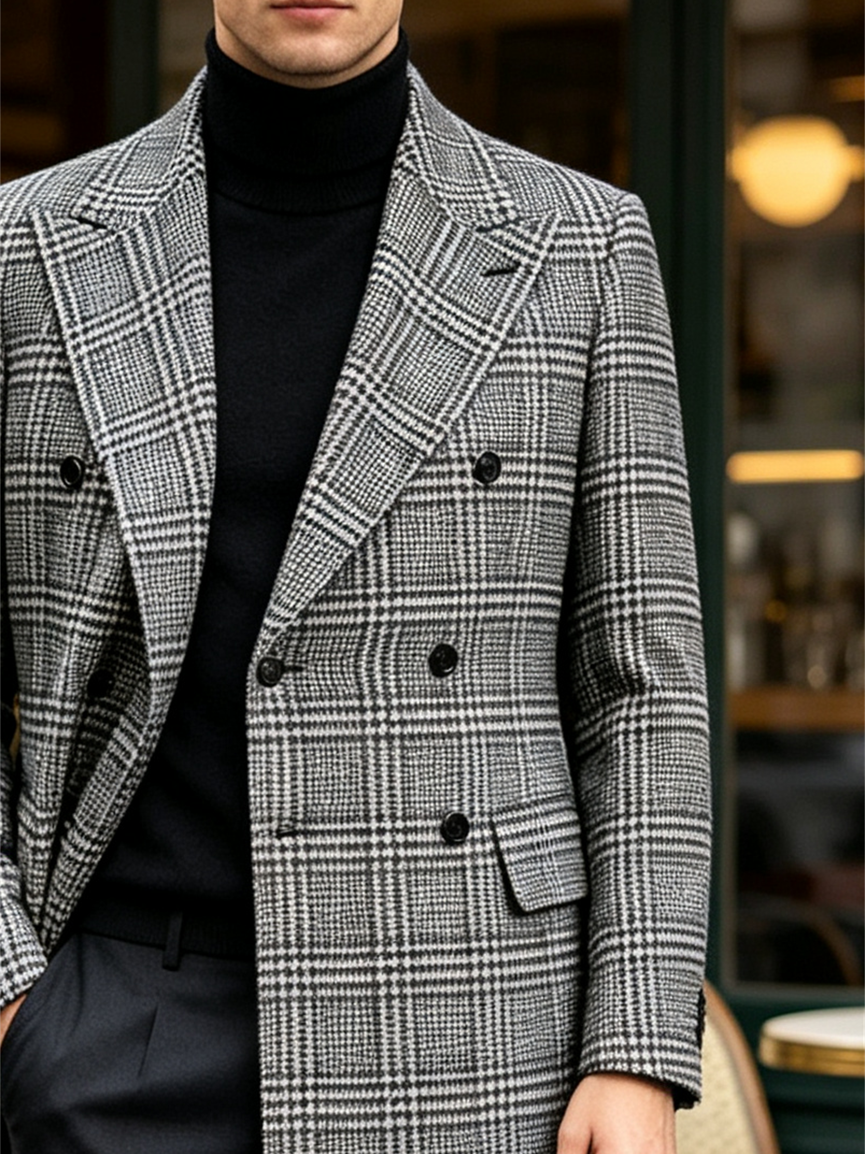 Manteau trench décontracté pour homme, coupe classique ajustée, col à revers, motif pied-de-poule, long manteau croisé avec poches