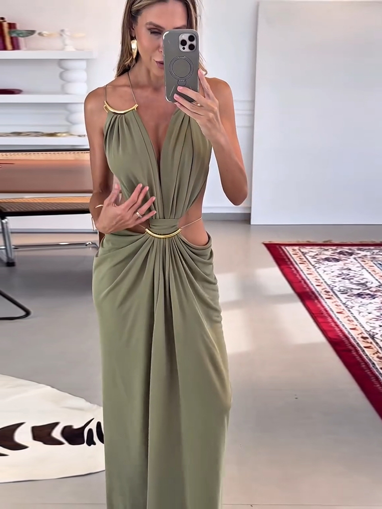 Robe longue sexy à découpes à la taille pour femme, col en V, sans manches, dos nu, style halter, couleur unie, collection été 2026, idéale pour les vacances à la plage