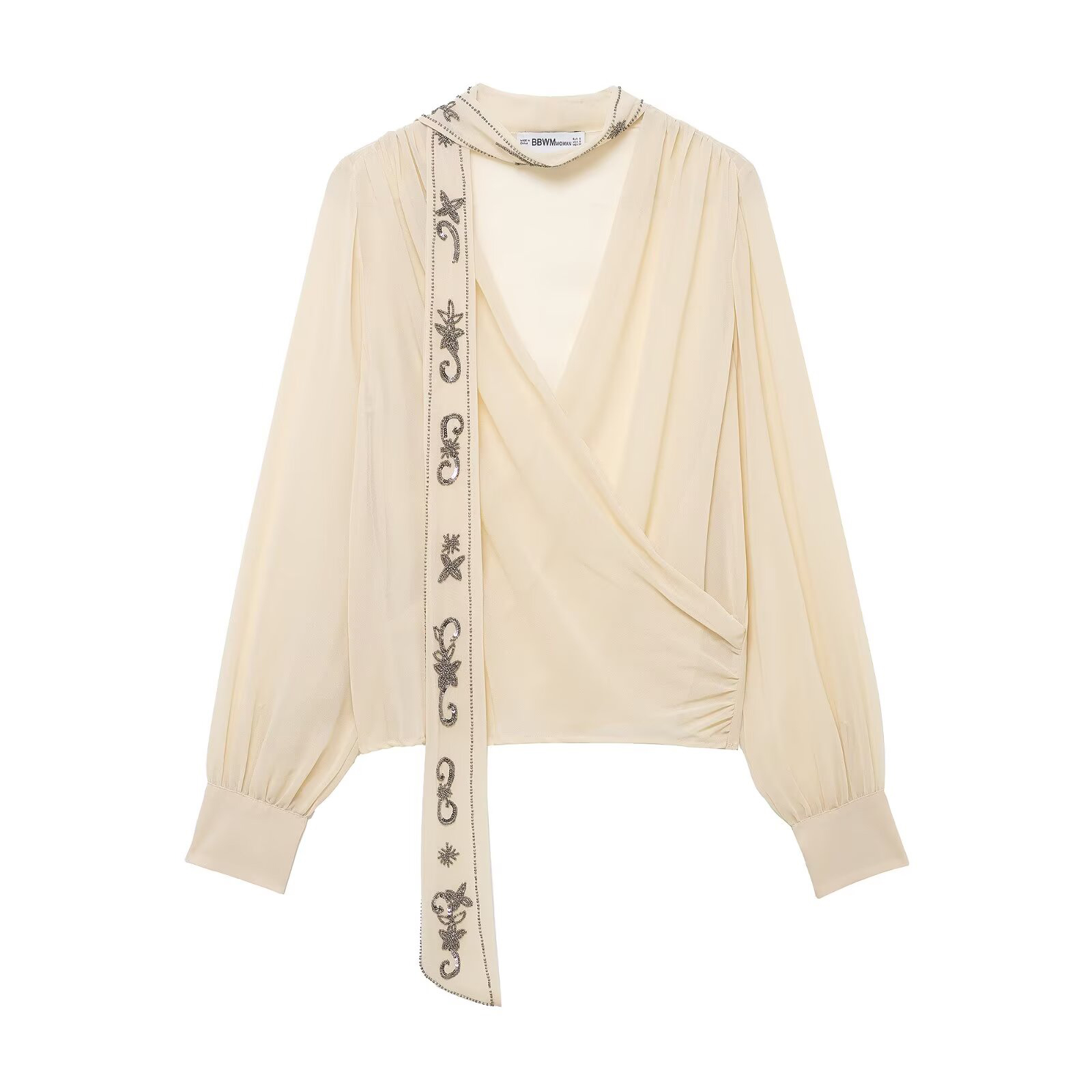 Vêtements d'hiver pour femmes, écharpe perlée, décoration, col en v, chemise translucide à Double boutonnage, nouvelle collection 2025