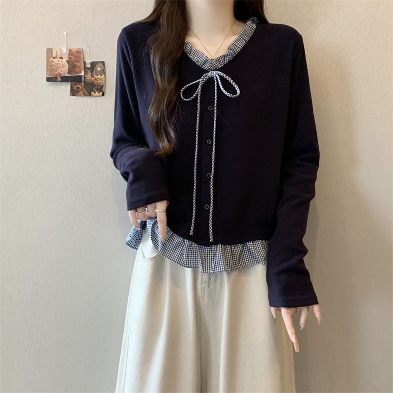 Chemisier à manches longues pour femme grande taille, nouvelle collection printemps-automne, décontracté et fin, avec empiècements et bordure festonnée, col en V