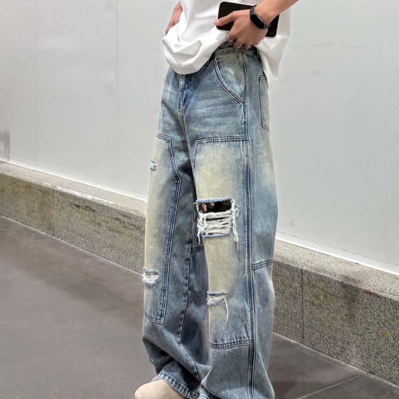 Jean pour homme robuste, délavé, multi-poches, style charpentier, coupe droite ample, décontracté, style urbain