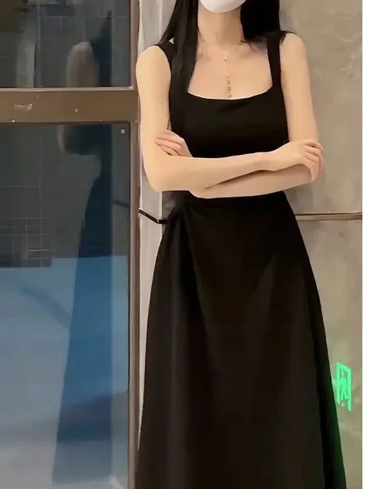 Robe midi pour femme, style décontracté, couleur unie, camisole, style simple et élégant, noir, coréen, polyvalente, col carré, taille cintrée