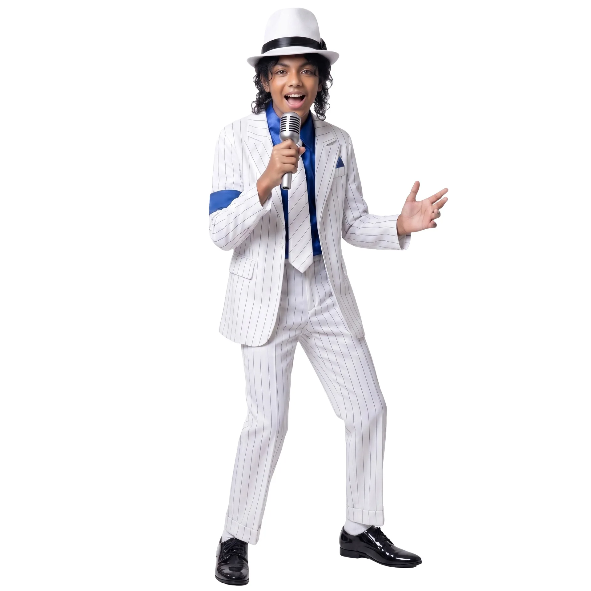 Costume de cosplay Michael Jackson Smooth Criminal, blazer blanc, pantalon, chemise bleue, cravate, chapeau, MJ King of Pop, robe de carnaval d'Halloween