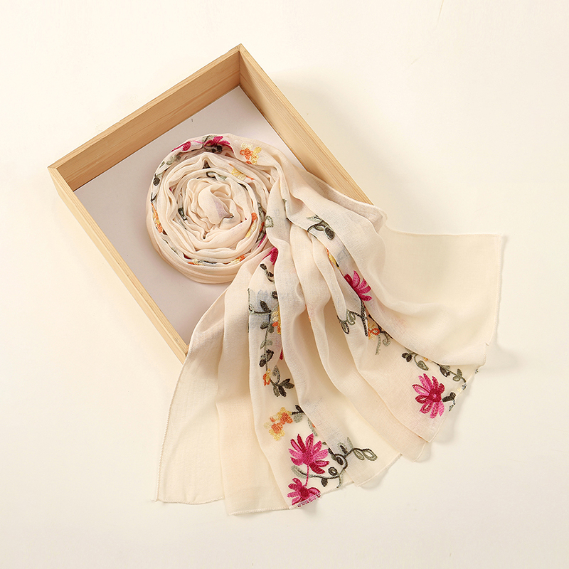 Écharpe Hijab Brodée de Fleurs Unies pour Femme, Châles en Viscose Musulmane, Serviette Longue et Douce, Élégante et Décontractée