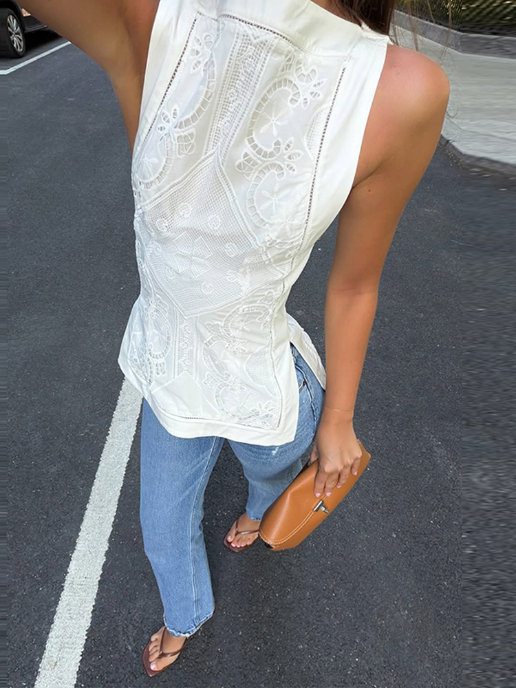 Débardeur brodé vintage pour femme, col rond, sans manches, à découpes, fente latérale, idéal pour l'été, les soirées, les clubs, le quotidien et le streetwear